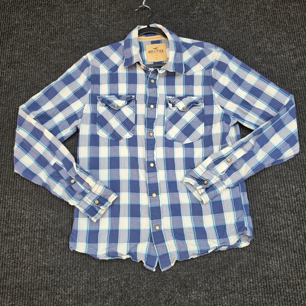 Hollister Mens Blue Plaid Pearl Snap Western Shirt Long Sleeve Size L
